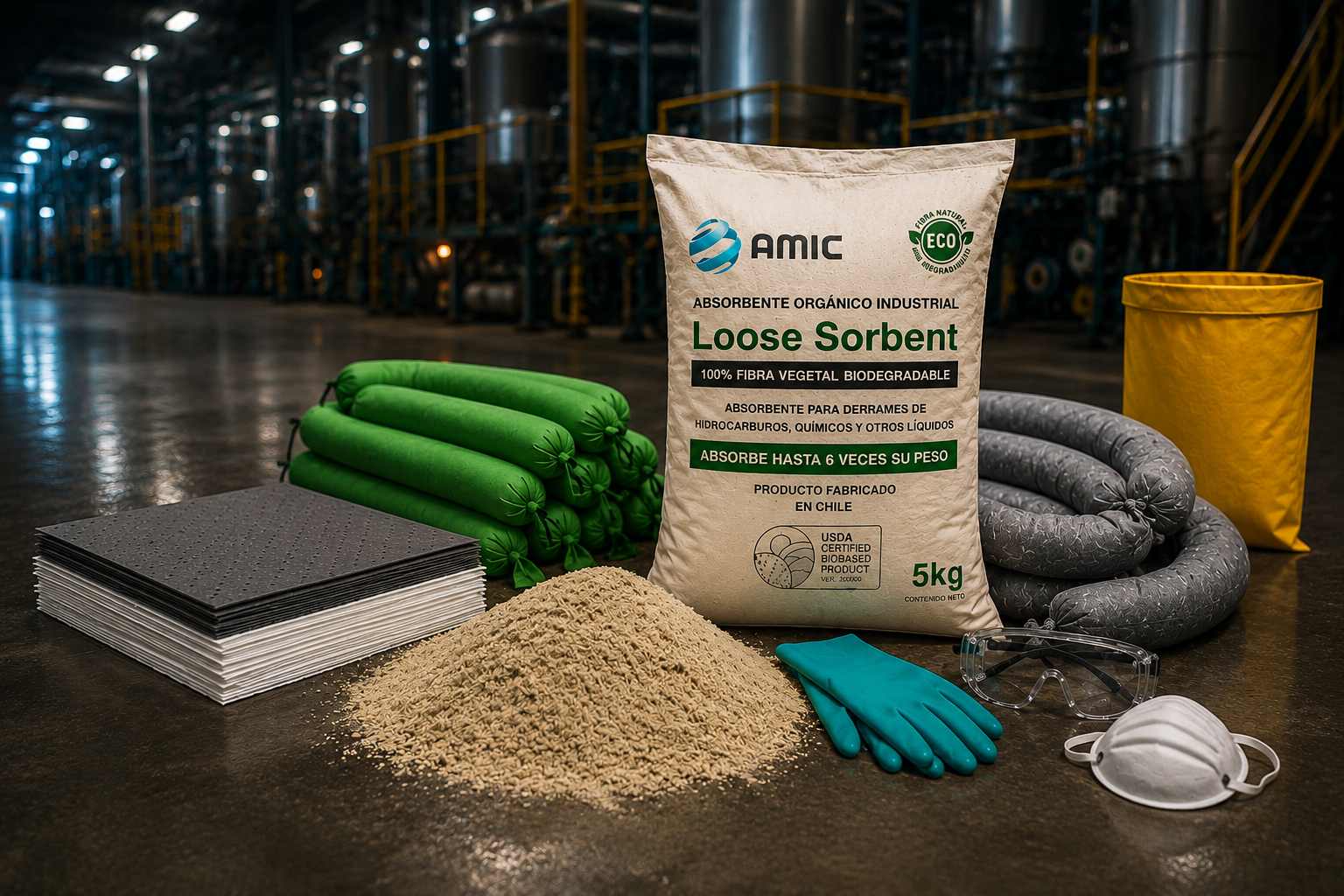 Kit antiderrame con absorbentes orgánicos biodegradables AMIC — Loose Sorbent, paños, barreras y EPP para control de derrames industriales en Chile